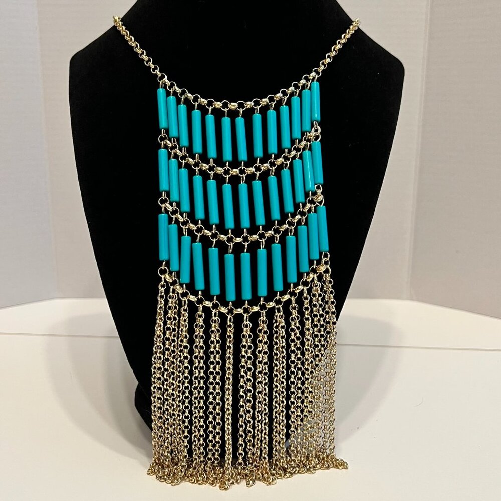 Turquoise Chain Boho Fringe‎ Statement Necklace STUNNING!